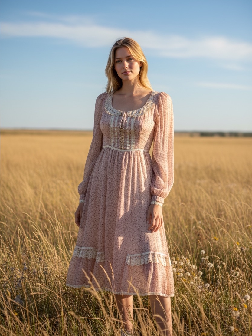 Dusty Pink Calico Corset Prairie Dress / Xs Xxs / Deadstock